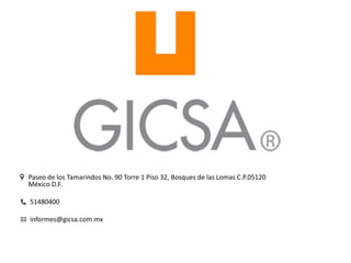 Paseo de los Tamarindos No. 90 Torre 1 Piso 32, Bosques de las Lomas C.P.05120
México D.F.
51480400
informes@gicsa.com.mx
 