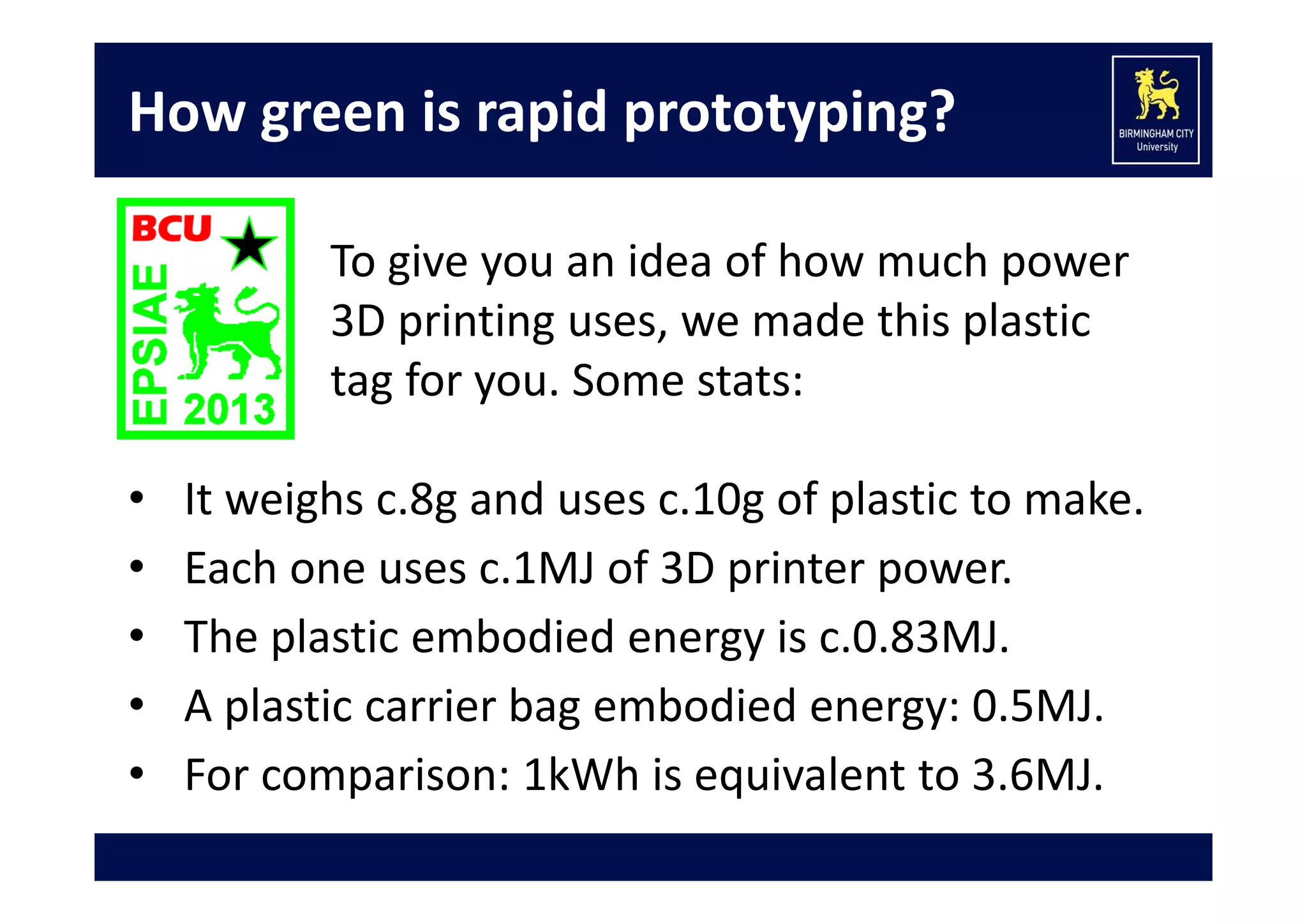 How green is rapid prototyping?
To give you an idea of how much power 
3D printing uses, we made this plastic 
tag for you. Some stats:
•
•
•
•
•

It weighs c.8g and uses c.10g of plastic to make.
Each one uses c.1MJ of 3D printer power.
The plastic embodied energy is c.0.83MJ.
A plastic carrier bag embodied energy: 0.5MJ.
For comparison: 1kWh is equivalent to 3.6MJ.

 