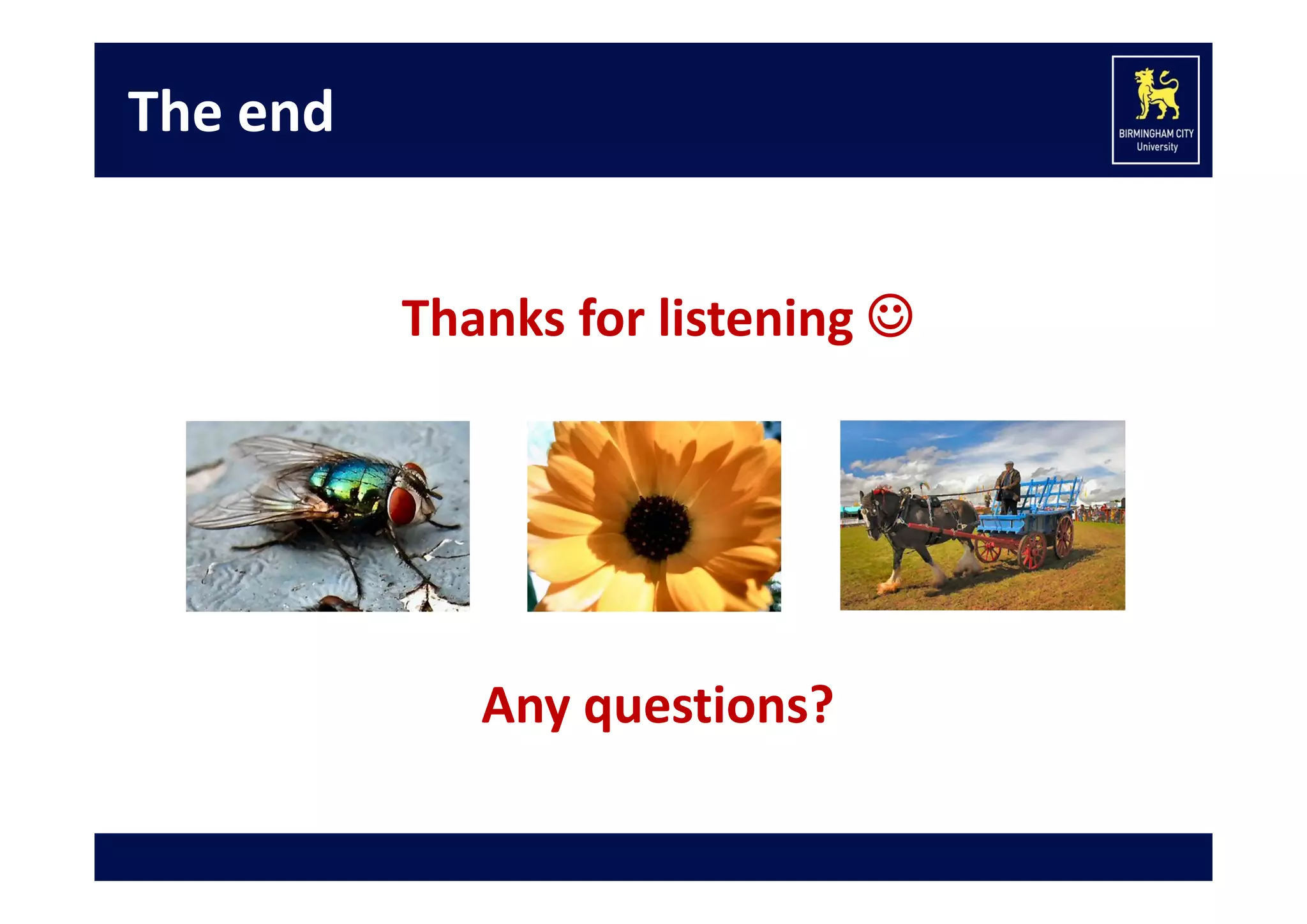 The end
Thanks for listening 

Any questions?

 