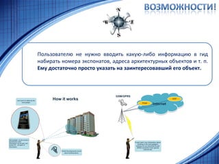 Пользователю не нужно вводить какую-либо информацию в гид набирать номера экспонатов, адреса архитектурных объектов и т. п.  Ему достаточно просто указать на заинтересовавший его объект. 