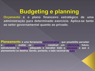 Planeamento

é uma ferramenta administrativa , que possibilita perceber
a realidade, avaliar os caminhos, construir um referencial futuro,
estruturando o trâmite adequado e reavaliar todo o processo a que o
planeamento se destina. Sendo, portanto, o lado racional da ação.

 