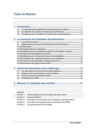 Table de Matière
Table de Matière
1. Introduction..................................................................................1
1.1 La nouvelle dotation globale d’investissements non affectée .............................. 1
1.2 Les objectifs du système d’évaluation de performance .......................................... 2
1.3 Principes de base: les CMOs et les Indicateurs de performance.......................... 3
2. Le processus de l’évaluation de performance ..........................5
2.1 Les parties prenantes.......................................................................................................... 5
2.2 Etapes dans le processus de l’Evaluation de la Performance................................ 6
2.2.1Préparations............................................................................................................................. 6
2.2.2Communication aux communes........................................................................................ 7
2.2.3Soumission par les communes au CGSP des Formulaire à évaluer ...................... 7
2.2.4 Notation des Formulaire par le CGSP ............................................................................. 7
2.2.5Vérification sur le terrain sur la base d’un échantillon............................................ 8
2.2.6Présentation des résultats provisoires aux communes .........................................10
2.2.7Période de contestationdes résultats provisoires....................................................10
2.2.8Présentation du rapport final au CIM............................................................................11
3. Calcul des allocations et leur déblocage.................................12
3.1 Une allocation sur la base d’une formule objective................................................12
3.2 Relation entre la performance et les transferts.......................................................12
3.3 Droit de report des montants alloués..........................................................................13
3.4 Vérification des CMOs........................................................................................................13
4. Résumé: Le calendrier des activités........................................14
Annexes
Annexe 1: Fiches explicatives des indicateurs de performance
Annexe 2: Guide de Notation
Annexe 3: Formulaire de soumission pour l’évaluation de la performance
Annexe 4 : Formulaire de soumission pour la vérification des CMOs
Annexe 5: Formats Standard à titre indicatif
 
