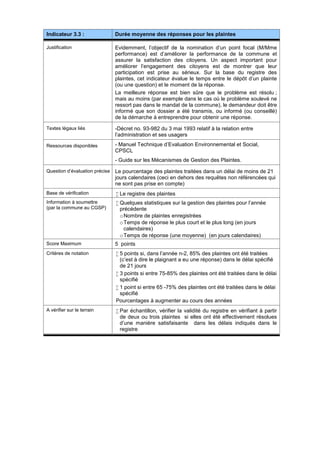 Indicateur 3.3 : Durée moyenne des réponses pour les plaintes
Justification Evidemment, l’objectif de la nomination d’un point focal (M/Mme
performance) est d’améliorer la performance de la commune et
assurer la satisfaction des citoyens. Un aspect important pour
améliorer l’engagement des citoyens est de montrer que leur
participation est prise au sérieux. Sur la base du registre des
plaintes, cet indicateur évalue le temps entre le dépôt d’un plainte
(ou une question) et le moment de la réponse.
La meilleure réponse est bien sûre que le problème est résolu ;
mais au moins (par exemple dans le cas où le problème soulevé ne
ressort pas dans le mandat de la commune), le demandeur doit être
informé que son dossier a été transmis, ou informé (ou conseillé)
de la démarche à entreprendre pour obtenir une réponse.
Textes légaux liés -Décret no. 93-982 du 3 mai 1993 relatif à la relation entre
l’administration et ses usagers
Ressources disponibles - Manuel Technique d’Evaluation Environnemental et Social,
CPSCL
- Guide sur les Mécanismes de Gestion des Plaintes.
Question d’évaluation précise Le pourcentage des plaintes traitées dans un délai de moins de 21
jours calendaires (ceci en dehors des requêtes non référencées qui
ne sont pas prise en compte)
Base de vérification  Le registre des plaintes
Information à soumettre
(par la commune au CGSP)
 Quelques statistiques sur la gestion des plaintes pour l’année
précédente
oNombre de plaintes enregistrées
oTemps de réponse le plus court et le plus long (en jours
calendaires)
oTemps de réponse (une moyenne) (en jours calendaires)
Score Maximum 5 points
Critères de notation  5 points si, dans l’année n-2, 85% des plaintes ont été traitées
(c’est à dire le plaignant a eu une réponse) dans le délai spécifié
de 21 jours
 3 points si entre 75-85% des plaintes ont été traitées dans le délai
spécifié
 1 point si entre 65 -75% des plaintes ont été traitées dans le délai
spécifié
Pourcentages à augmenter au cours des années
A vérifier sur le terrain  Par échantillon, vérifier la validité du registre en vérifiant à partir
de deux ou trois plaintes si elles ont été effectivement résolues
d’une manière satisfaisante dans les délais indiqués dans le
registre
 