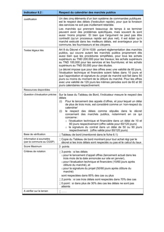 Indicateur 6.2 : Respect du calendrier des marchés publics
Justification Un des cinq éléments d’un bon système de commandes publiques
est le respect des délais (l’exécution rapide), pour que la livraison
des services ne soit pas inutilement retardée.
Les marchés qui prennent beaucoup de temps à se terminer
peuvent avoir des problèmes spécifiques, mais souvent ils sont
aussi ‘moins propres’. Et bien que l’argument ne peut pas être
contredit (qu’un processus rapide est plus net), il est éclair qu’n
marché exécuté dans les meilleurs délais, est avantageux pour la
commune, les fournisseurs et les citoyens.
Textes légaux liés Art 8 du Décret n° 2014-1039 portant réglementation des marchés
publics, qui couvre autant les marchés publics proprement dits
aussi bien que les procédures simplifiées, pour tous les achats
supérieurs au TND 200,000 pour les travaux; les achats supérieurs
au TND 100,000 pour les services et les fournitures; et les achats
supérieurs au TND 50,000 pour des études.
Le décret impose que pour des offres avec une validité de 60 jours,
l’évaluation technique et financière soient faites dans 10 jours et
que l’approbation et signature du projet de marché soit fait dans 50
jours ou moins du moment de la clôture du marché. Pour les offres
avec une validité de 120 jours les mêmes périodes sont de 60 et 90
jours calendaires respectivement.
Ressources disponibles -
Question d’évaluation précise Sur la base du Tableau de Bord, l’indicateur mesure le respect des
délais
(i) Pour le lancement des appels d’offres, et pour lequel un délai
de plus de trois mois, est considéré comme un ‘non-respect du
calendrier’
(i) le respect des délais comme stipulés dans le décret
concernant des marchés publics, notamment en ce qui
concerne :
o l’évaluation technique et financière dans un délai de 10 et
60 jours respectivement (offre valide pour 60/120 jours)
o la signature du contrat dans un délai de 50 ou 90 jours
respectivement (offre valide pour 60/120 jours)
Base de vérification  Tableau de bord (mentionné dans le fiche 6.1)
Information à soumettre
(par la commune au CGSP)
 Copie du Tableau de bord montrant pour tout achat régi par le
décret si les trois délais sont respectés ou pas et le calcul du taux
Score Maximum 3 points
Critères de notation  3 points : si les délais
opour le lancement d’appel offres (lancement actuel dans les
trois mois de la date annoncée sur site en janvier),
opour l’évaluation technique et financière (10/60 jours après
clôture du marché), et
opour la signature du projet (50/90 jours après clôture du
marché)
sont respectées dans 85% des cas ou plus
 2 points : si ces trois délais sont respectés dans 70% des cas
 0 point : si dans plus de 30% des cas les délais ne sont pas
atteints
A vérifier sur le terrain  ……
 