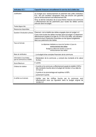Indicateur 8.3 : Capacité d'assurer annuellement le service de la dette due
Justification Un budget pour remboursement et paiement des prêts (indicateur
8.2) est une condition nécessaire mais pas encore une garantie
que le remboursement soit effectivement fait.
Ainsi, le dernier indicateur de ce sous thème mesure si la commune
a effectivement fait les paiements pour toutes les dettes comme
prévues dans le budget.
Textes légaux liés -
Ressources disponibles -
Question d’évaluation précise Paiement de la totalité des dettes engagée dans le budget n-2
C’est à dire toutes les dettes inscrites dans le budget n-2 étaiement
effectivement payées à la date du 31/12/n-2.En effet, cet indicateur
mesure le taux d’exécution financière sur les lignes budgétaires
liées aux paiements des dettes.
Taux en formule
Le dépenses réalisées au cours de l’année n-2 pour le
remboursement des dettes
Budget au début de l’année n-2 pour le
remboursement des dettes
Base de vérification  Le budget et les comptes financiers de la commune
Information à soumettre
(par la commune au CGSP)
 Déclaration de la commune, y compris les montants et le calcul
du taux
Score Maximum 4 points
Critères de notation  4 points si la commune a effectivement payée la totalité (100%)
des montants inscrits dans le budget de l’année n-2 au date du
31/12/n-2
 2 points si ce pourcentage est supérieur à 80%
 autrement 0 points
A vérifier sur le terrain  Vérifier que les chiffres fournis par la commune sont
effectivement ceux qui figuraient dans le budget original de
‘année n-2
 