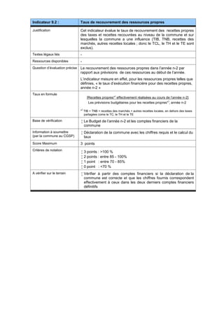 Indicateur 9.2 : Taux de recouvrement des ressources propres
Justification Cet indicateur évalue le taux de recouvrement des recettes propres
des taxes et recettes recouvrées au niveau de la commune et sur
lesquelles la commune a une influence (TIB, TNB, recettes des
marchés, autres recettes locales ; donc le TCL, le TH et le TE sont
exclus).
Textes légaux liés -
Ressources disponibles -
Question d’évaluation précise Le recouvrement des ressources propres dans l’année n-2 par
rapport aux prévisions de ces ressources au début de l’année.
L’indicateur mesure en effet, pour les ressources propres telles que
définies, « le taux d’exécution financière pour des recettes propres,
année n-2 »
Taux en formule
[Recettes propres*
)
effectivement réalisées au cours de l’année n-2]
Les prévisions budgétaires pour les recettes propres*
)
, année n-2
*
)
TIB + TNB + recettes des marchés + autres recettes locales, en dehors des taxes
partagées come le TC, le TH et le TE
Base de vérification  Le Budget de l’année n-2 et les comptes financiers de la
commune
Information à soumettre
(par la commune au CGSP)
 Déclaration de la commune avec les chiffres requis et le calcul du
taux
Score Maximum 3 points
Critères de notation
 3 points : >100 %
 2 points : entre 85 - 100%
 1 point : entre 70 - 85%
 0 point : <70 %
A vérifier sur le terrain  Vérifier à partir des comptes financiers si la déclaration de la
commune est correcte et que les chiffres fournis correspondent
effectivement à ceux dans les deux derniers comptes financiers
définitifs
 