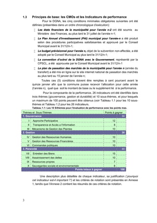 3
1.3 Principes de base: les CMOs et les Indicateurs de performance
Pour le DGNA, les cinq conditions minimales obligatoires suivantes ont été
définies (présentées dans un ordre chronologique d'exécution):
 Les états financiers de la municipalité pour l'année n-2 ont été soumis au
Ministère des Finances, au plus tard le 31 juillet de l'année n-1;
 Le Plan Annuel d'Investissement (PAI) municipal pour l'année-n a été produit
selon des procédures participatives satisfaisantes et approuvé par le Conseil
Municipal avant le 31/12/n-1;
 Le budget prévisionnel pour l'année n, objet de la subvention non-affectée, a été
adopté par le Conseil Municipal au plus tard le 31/12/n-1;
 La convention d’octroi de la DGNA avec le Gouvernement, représenté par la
CPSCL, a été approuvée par le Conseil Municipal avant le 31/12/n-1
 Le plan de passation des marchés de la municipalité pour l'année n (année du
transfert) a été mis en ligne sur le site internet national de passation des marchés
au plus tard au 15 janvier de l’année n;
Toutes ces (5) conditions doivent être remplies à cent pourcent avant le
quinze janvier afin que la commune puisse recevoir l'allocation pour cette année
(l‘année n), quel que soit le montant de base ou le supplément lié à la performance.
Pour la composante de la performance, 26 indicateurs ont été identifiés dans
trois thèmes (gouvernance, gestion et durabilité) et 10 sous-thèmes, et pour lesquels
un maximum de 100 points peuvent être obtenus (voir Tableau 1.1 pour les 10 sous-
thèmes et Tableau 1.2 pour les 26 indicateurs.
Tableau 1.1: Les 10 S/thèmes pour l’évaluation de performance avec les points max.
Thèmes et Sous-Thèmes Points à gagner
1. Gouvernance 30
I Approche Participative 12
II Transparence et Accès a l’Information 8
III Mécanisme de Gestion des Plaintes 10
2. Gestion 30
IV Gestion des Ressources Humaines 10
V Gestion des Ressources Financières 10
VI Commandes publiques 10
3. Pérennité 40
VII Entretien des Biens 15
VIII Assainissement des dettes 10
IX Ressources propres 7
X Sauvegardes sociale et environnementale 8
Points totaux à gagner 100
Une description plus détaillée de chaque indicateur, sa justification (‘pourquoi
cet indicateur est-il important ?’) et les critères de notation sont présentés en Annexe
1, tandis que l’Annexe 2 contient les résumés de ces critères de notation.
 