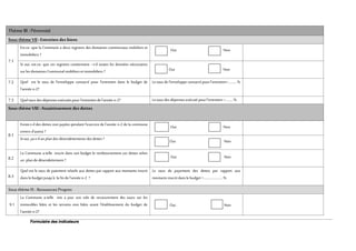 Formulaire des indicateurs
Thème III : Pérennité
SousthèmeVII : Entretiendes biens
7.1
Est-ce -que la Commune a deux registres des domaines communaux mobiliers et
immobiliers ?
Oui Non
Si oui, est-ce- que ces registres contiennent –t-il toutes les données nécessaires
surles domaines Communal mobiliers et immobiliers ? O Oui Non
7.2 Quel est le taux de l’enveloppe consacré pour l’entretien dans le budget de
l’année n-2?
Le tauxde l’enveloppe consacrépourl’entretien=…........%
7.3 Quel tauxdes dépenses exécutéspourl’entretiendel’année n-2? Le tauxdes dépenses exécuté pourl’entretien=…......%
SousthèmeVIII :Assainissementdesdettes
8.1
Existe-t-il des dettes non payées pendant l’exercice de l’année n-2 de la commune
envers d’autrui ?
Oui Non
Si oui,ya-t-il unplandes désendettements des dettes ? Oui Non
8.2
La Commune a-telle inscrit dans son budget le remboursement ces dettes selon
un plande désendettement ?
Oui Non
8.3
Quel est le taux de paiement relatifs aux dettes par rapport aux montants inscrit
dans le budget jusqu’à la finde l’année n-2 ?
Le taux de payement des dettes par rapport aux
montants inscrit dans le budget =……………………%
Sous thèmeIX : RessourcesPropres
9.1
La Commune a-telle mis a jour son role de recouvrement des taxes sur les
immeubles bâtis et les terrains non bâtis avant l’établissement du budget de
l’année n-2?
Oui Non
 