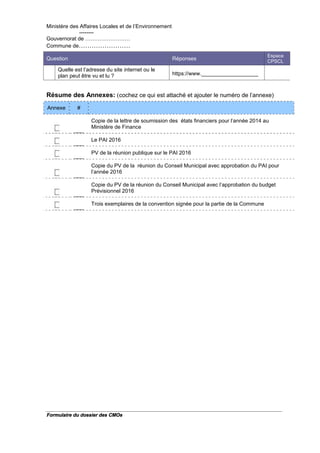 Ministère des Affaires Locales et de l’Environnement
--------
Gouvernorat de …………………….
Commune de……………………
Formulaire du dossier des CMOs
Question Réponses
Espace
CPSCL
Quelle est l’adresse du site internet ou le
plan peut être vu et lu ? https://www.___________________
Résume des Annexes: (cochez ce qui est attaché et ajouter le numéro de l'annexe)
Annexe #
___
Copie de la lettre de soumission des états financiers pour l'année 2014 au
Ministère de Finance
___ Le PAI 2016
___ PV de la réunion publique sur le PAI 2016
___
Copie du PV de la réunion du Conseil Municipal avec approbation du PAI pour
l’année 2016
___
Copie du PV de la réunion du Conseil Municipal avec l’approbation du budget
Prévisionnel 2016
___ Trois exemplaires de la convention signée pour la partie de la Commune
 