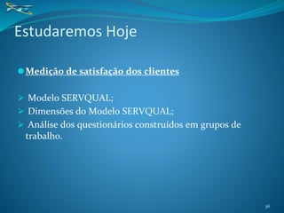 ⚫Medição de satisfação dos clientes
⮚ Modelo SERVQUAL;
⮚ Dimensões do Modelo SERVQUAL;
⮚ Análise dos questionários construídos em grupos de
trabalho.
Estudaremos Hoje
36
 
