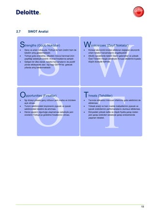 2.7       SWOT Analizi



  S
  
      trengths (Güçlü Noktalar)
      Genç ve artan nüfusuyla, Türkiye’de hem üretim hem de
                                                                    W
                                                                    
                                                                           eaknesses (Zayıf Noktalar)
                                                                        Küresel ekonomik krizden etkilenen değişken ekonomik
      tüketim artış göstermektedir.                                     ortam tüketici harcamalarını engelleyebilir
     Türkiye gıda endüstrisi, ülkedeki mevcut tarımsal ürün           Alkollü içeceklerde talebin İslami gelenekler ve yüksek
      çeşitliliği sebebiyle önemli ihracat fırsatlarına sahiptir.       Özel Tüketim Vergisi sebebiyle Avrupa ülkelerine kıyasla
     Gelişen bir ülke olarak, tüketici harcamalarını da pozitif        düşük düzeyde kalması.
      yönde etkileyecek olan kişi başı GSYİH’da gelecek
      yıllarda artış beklenmektedir.




  O
  
       pportunities (Fırsatlar)
      İlgi düzeyi yüksek genç nüfusun yeni marka ve ürünlere
                                                                    T
                                                                    
                                                                        hreats (Tehditler)
                                                                        Tarımda istikrarsız mevzuat ortamının gıda sektörünü de
      açık olması                                                       etkilemesi.
     Turizm sektöründeki büyümenin yiyecek ve içecek                  Yüksek enerji ve ham madde maliyetlerinin yiyecek ve
      sektöründeki tüketimi de artırması.                               içecek üreticilerinin performanslarını olumsuz etkilemesi.
     Henüz pazarın olgunluğa ulaşmaması sebebiyle yeni                Dünyadaki yüksek kalite ve düşük fiyatta şarap üreten
      ürünlerin Türkiye’ye girebilme fırsatlarının olması.              yeni şarap üreticileri sebebiyle şarap endüstrisinde
                                                                        yaşanan rekabet.




                                                                                                                                     18
 