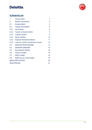 İÇİNDEKİLER
1.      Yönetici Özeti                             3
2.      Sektöre Genel Bakış                        4
2.1     Küresel Sektör                             4
2.2     Türkiye Gıda Sektörü                       5
2.2.1   Genel Bakış                                5
2.2.2   Yiyecek ve İçecek Üretimi                  8
2.2.3   Yiyecek Tüketimi                           8
2.2.4   İçecek Tüketimi                           10
2.2.5   Organize Perakende Sektörü                11
2.2.6   Yiyecek ve İçecek Uluslararası Ticareti   13
2.3     Sektördeki Önemli Şirketler               13
2.4     Sektördeki Gelişmeler                     14
2.5     Konumlanma Haritası                       15
2.6     Yatırım Fırsatları                        16
2.7     SWOT Analizi                              18
2.8     Sektör Kurum ve Kuruluşları               19
ŞEKİLLERİN LİSTESİ                                20
KISALTMALAR                                       21




                                                       2
 