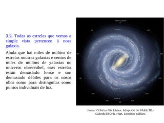 Imaxe: O Sol na Vía Láctea. Adaptado de NASA/JPL­
Caltech/ESO/R. Hurt. Dominio público.
3.2. Todas as estrelas que vemos a...