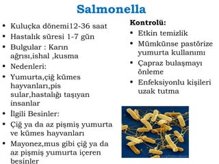 Salmonella 
• Kuluçka dönemi12-36 saat 
• Hastalık süresi 1-7 gün 
• Bulgular : Karın 
ağrısı,ishal ,kusma 
• Nedenleri: 
• Yumurta,çiğ kümes 
hayvanları,pis 
sular,hastalığı taşıyan 
insanlar 
• İlgili Besinler: 
• Çiğ ya da az pişmiş yumurta 
ve kümes hayvanları 
• Mayonez,mus gibi çiğ ya da 
az pişmiş yumurta içeren 
besinler 
Kontrolü: 
• Etkin temizlik 
• Mümkünse pastörize 
yumurta kullanımı 
• Çapraz bulaşmayı 
önleme 
• Enfeksiyonlu kişileri 
uzak tutma 
 