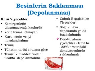 Besinlerin Saklanması 
(Depolanması) 
Kuru Yiyecekler 
• Kemirgenlerin 
ulaşamayacağı kaplarda 
• Yerle teması olmayan 
• Kuru, serin ve iyi 
havalandırılmış 
• Temiz 
• Tüketim tarihi sırasına göre 
• Temizlik maddelerinden 
uzakta depolanmalıdır. 
• Çabuk Bozulabilen 
Yiyecekler : 
• Soğuk hava 
deposunda ya da 
buzdolabında 
Dondurulmuş 
yiyecekler -18°C to 
-22°C arasındaki 
dondurucularda 
saklanılmalı 
 