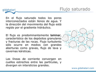 Flujo saturado
En el flujo saturado todos los poros
interconectados están llenos de agua. Y
la dirección del movimiento del flujo está
regido por el gradiente hidráulico.

El flujo es predominantemente laminar,
característico de los depósitos granulares
y fracturas de las rocas. Flujo turbulento
sólo ocurre en medios con grandes
aberturas como gravas, flujo de lava y
cavernas kársticas.

Las líneas de corriente convergen en
cuellos estrechos entre las partículas, y
divergen en intersticios grandes.
 