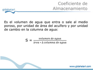 Coeficiente de
                                Almacenamiento


Es el volumen de agua que entra o sale al medio
poroso, por unidad de área del acuífero y por unidad
de cambio en la columna de agua:

                      𝑣𝑜𝑙𝑢𝑚𝑒𝑛 𝑑𝑒 𝑎𝑔𝑢𝑎
             S=
                  á𝑟𝑒𝑎 ∗ ∆ 𝑐𝑜𝑙𝑢𝑚𝑛𝑎 𝑑𝑒 𝑎𝑔𝑢𝑎




                                             www.gidahatari.com
 