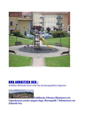 NON AURKITZEN DEN :
Zaldibar Bizkaiko herri txiki bat da,durangaldean dagoena.




                     Zaldibarko Elizatea Bizkaiaren eta
Gipuzkoaren arteko mugan dago, Durangotik 7 kilometrora eta
Eibartik 9ra.
 
