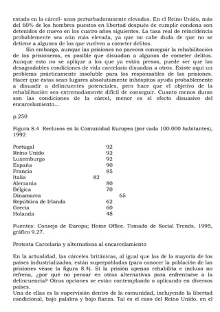 estado en la cárcel- sean perturbadoramente elevadas. En el Reino Unido, más
del 60% de los hombres puestos en libertad después de cumplir condena son
detenidos de nuevo en los cuatro años siguientes. La tasa real de reincidencia
probablemente sea aún más elevada, ya que no cabe duda de que no se
detiene a algunos de los que vuelven a cometer delitos.
     Sin embargo, aunque las prisiones no parecen conseguir la rehabilitación
de los prisioneros, es posible que disuadan a algunos de cometer delitos.
Aunque esto no se aplique a los que ya están presos, puede ser que las
desagradables condiciones de vida carcelaria disuadan a otros. Existe aquí un
problema prácticamente insoluble para los responsables de las prisiones.
Hacer que éstas sean lugares absolutamente inhóspitos ayuda probablemente
a disuadir a delincuentes potenciales, pero hace que el objetivo de la
rehabilitación sea extremadamente difícil de conseguir. Cuanto menos duras
son las condiciones de la cárcel, menor es el efecto disuasivo del
encarcelamiento...

p.250

Figura 8.4 Reclusos en la Comunidad Europea (por cada 100.000 habitantes),
1992

Portugal                             92
Reino Unido                          92
Luxemburgo                           92
España                               90
Francia                              85
Italia                          82
Alemania                             80
Bélgica                              70
Dinamarca                                 65
República de Irlanda                 62
Grecia                               60
Holanda                              48

Fuentes: Consejo de Europa; Home Office. Tomado de Social Trends, 1995,
gráfico 9.27.

Protesta Carcelaria y alternativas al encarcelamiento

En la actualidad, las cárceles británicas, al igual que las de la mayoría de los
países industrializados, están superpobladas (para conocer la población de las
prisiones véase la figura 8.4). Si la prisión apenas rehabilita e incluso no
refrena, ¿por qué no pensar en otras alternativas para enfrentarse a la
delincuencia? Otras opciones se están contemplando o aplicando en diversos
países.
Una de ellas es la supervisión dentro de la comunidad, incluyendo la libertad
condicional, bajo palabra y bajo fianza. Tal es el caso del Reino Unido, en el
 