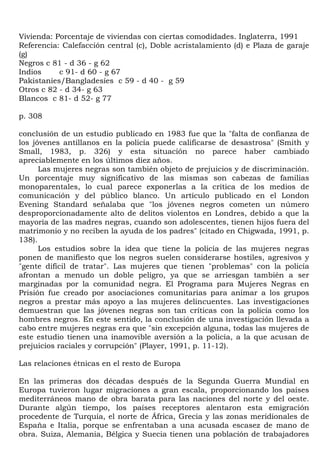Vivienda: Porcentaje de viviendas con ciertas comodidades. Inglaterra, 1991
Referencia: Calefacción central (c), Doble acristalamiento (d) e Plaza de garaje
(g)
Negros c 81 - d 36 - g 62
Indios     c 91- d 60 - g 67
Pakistaníes/Bangladesíes c 59 - d 40 - g 59
Otros c 82 - d 34- g 63
Blancos c 81- d 52- g 77

p. 308

conclusión de un estudio publicado en 1983 fue que la "falta de confianza de
los jóvenes antillanos en la policía puede calificarse de desastrosa" (Smith y
Small, 1983, p. 326) y esta situación no parece haber cambiado
apreciablemente en los últimos diez años.
      Las mujeres negras son también objeto de prejuicios y de discriminación.
Un porcentaje muy significativo de las mismas son cabezas de familias
monoparentales, lo cual parece exponerlas a la crítica de los medios de
comunicación y del público blanco. Un artículo publicado en el London
Evening Standard señalaba que "los jóvenes negros cometen un número
desproporcionadamente alto de delitos violentos en Londres, debido a que la
mayoría de las madres negras, cuando son adolescentes, tienen hijos fuera del
matrimonio y no reciben la ayuda de los padres" (citado en Chigwada, 1991, p.
138).
      Los estudios sobre la idea que tiene la policía de las mujeres negras
ponen de manifiesto que los negros suelen considerarse hostiles, agresivos y
"gente difícil de tratar". Las mujeres que tienen "problemas" con la policía
afrontan a menudo un doble peligro, ya que se arriesgan también a ser
marginadas por la comunidad negra. El Programa para Mujeres Negras en
Prisión fue creado por asociaciones comunitarias para animar a los grupos
negros a prestar más apoyo a las mujeres delincuentes. Las investigaciones
demuestran que las jóvenes negras son tan críticas con la policía como los
hombres negros. En este sentido, la conclusión de una investigación llevada a
cabo entre mujeres negras era que "sin excepción alguna, todas las mujeres de
este estudio tienen una inamovible aversión a la policía, a la que acusan de
prejuicios raciales y corrupción" (Player, 1991, p. 11-12).

Las relaciones étnicas en el resto de Europa

En las primeras dos décadas después de la Segunda Guerra Mundial en
Europa tuvieron lugar migraciones a gran escala, proporcionando los países
mediterráneos mano de obra barata para las naciones del norte y del oeste.
Durante algún tiempo, los países receptores alentaron esta emigración
procedente de Turquía, el norte de África, Grecia y las zonas meridionales de
España e Italia, porque se enfrentaban a una acusada escasez de mano de
obra. Suiza, Alemania, Bélgica y Suecia tienen una población de trabajadores
 