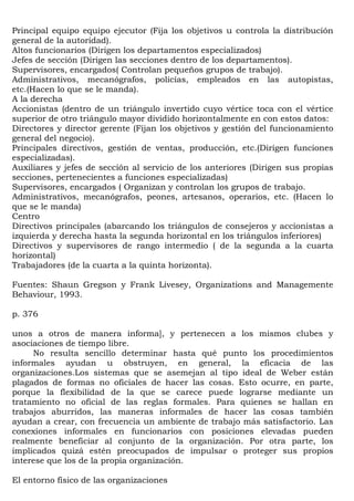 Principal equipo equipo ejecutor (Fija los objetivos u controla la distribución
general de la autoridad).
Altos funcionarios (Dirigen los departamentos especializados)
Jefes de sección (Dirigen las secciones dentro de los departamentos).
Supervisores, encargados( Controlan pequeños grupos de trabajo).
Administrativos, mecanógrafos, policías, empleados en las autopistas,
etc.(Hacen lo que se le manda).
A la derecha
Accionistas (dentro de un triángulo invertido cuyo vértice toca con el vértice
superior de otro triángulo mayor dividido horizontalmente en con estos datos:
Directores y director gerente (Fijan los objetivos y gestión del funcionamiento
general del negocio).
Principales directivos, gestión de ventas, producción, etc.(Dirigen funciones
especializadas).
Auxiliares y jefes de sección al servicio de los anteriores (Dirigen sus propias
secciones, pertenecientes a funciones especializadas)
Supervisores, encargados ( Organizan y controlan los grupos de trabajo.
Administrativos, mecanógrafos, peones, artesanos, operarios, etc. (Hacen lo
que se le manda)
Centro
Directivos principales (abarcando los triángulos de consejeros y accionistas a
izquierda y derecha hasta la segunda horizontal en los triángulos inferiores)
Directivos y supervisores de rango intermedio ( de la segunda a la cuarta
horizontal)
Trabajadores (de la cuarta a la quinta horizonta).

Fuentes: Shaun Gregson y Frank Livesey, Organizations and Managemente
Behaviour, 1993.

p. 376

unos a otros de manera informa], y pertenecen a los mismos clubes y
asociaciones de tiempo libre.
     No resulta sencillo determinar hasta qué punto los procedimientos
informales ayudan u obstruyen, en general, la eficacia de las
organizaciones.Los sistemas que se asemejan al tipo ideal de Weber están
plagados de formas no oficiales de hacer las cosas. Esto ocurre, en parte,
porque la flexibilidad de la que se carece puede lograrse mediante un
tratamiento no oficial de las reglas formales. Para quienes se hallan en
trabajos aburridos, las maneras informales de hacer las cosas también
ayudan a crear, con frecuencia un ambiente de trabajo más satisfactorio. Las
conexiones informales en funcionarios con posiciones elevadas pueden
realmente beneficiar al conjunto de la organización. Por otra parte, los
implicados quizá estén preocupados de impulsar o proteger sus propios
interese que los de la propia organización.

El entorno físico de las organizaciones
 
