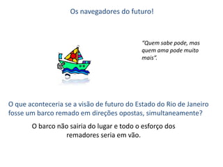 Os navegadores do futuro!



                                           “Quem sabe pode, mas
                                           quem ama pode muito
                                           mais”.




O que aconteceria se a visão de futuro do Estado do Rio de Janeiro
fosse um barco remado em direções opostas, simultaneamente?
       O barco não sairia do lugar e todo o esforço dos
                 remadores seria em vão.
 