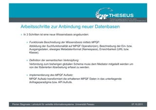Arbeitsschritte zur Anbindung neuer Datenbasen
        »  In 3 Schritten ist eine neue Wissensbasis angebunden:

             »  Funktionale Beschreibung der Wissensbasis mittels MPQF:
                Abbildung der Suchfunktionalität auf MPQF Operation(en), Beschreibung der Ein- bzw.
                Ausgangsdaten, etwaiges Metadatenformat (Namespace), Erreichbarkeit (URL bzw.
                Klasse).

             »  Definition der semantischen Verknüpfung:
                Verbindung zum bisherigen globalen Schema muss dem Mediator mitgeteilt werden um
                von der föderierten Abarbeitung erfasst zu werden.

             »  Implementierung des MPQF Aufsatz:
                MPQF Aufsatz transformiert die erhaltenen MPQF Daten in das unterliegende
                Anfrageparadigma bzw. API Aufrufe.




Florian Stegmaier, Lehrstuhl für verteilte Informationsysteme, Universität Passau                 07.10.2011
 