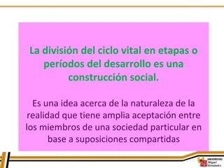 La división del ciclo vital en etapas o
períodos del desarrollo es una
construcción social.
Es una idea acerca de la naturaleza de la
realidad que tiene amplia aceptación entre
los miembros de una sociedad particular en
base a suposiciones compartidas
 