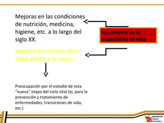Mejoras en las condiciones
de nutrición, medicina,
higiene, etc. a lo largo del
siglo XX.
Impulso del estudio de la
edad adulta y la vejez:
Preocupación por el estudio de esta
“nueva” etapa del ciclo vital (ej. para la
prevención y tratamiento de
enfermedades, transiciones de vida,
etc.)
Incremento en la
expectativa de vida
 