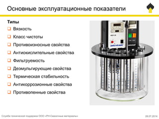 Основные эксплуатационные показатели
Типы
 Вязкость
 Класс чистоты
 Противоизносные свойства
 Антиокислительные свойства
 Фильтруемость
 Деэмульгирующие свойства
 Термическая стабильность
 Антикоррозионные свойства
 Противопенные свойства
Служба технической поддержки ООО «РН-Смазочные материалы» 28.07.2014
 