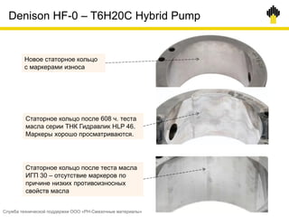 Denison HF-0 – T6H20C Hybrid Pump
Новое статорное кольцо
с маркерами износа
Статорное кольцо после 608 ч. теста
масла серии ТНК Гидравлик HLP 46.
Маркеры хорошо просматриваются.
Статорное кольцо после теста масла
ИГП 30 – отсутствие маркеров по
причине низких противоизносных
свойств масла
Служба технической поддержки ООО «РН-Смазочные материалы»
 