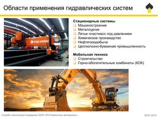 Области применения гидравлических систем
Стационарные системы
 Машиностроение
 Металлургия
 Литье пластмасс под давлением
 Химическое производство
 Нефтегазодобыча
 Целлюлозно-бумажная промышленность
Мобильная техника
 Строительство
 Горно-обогатительные комбинаты (КОК)
Служба технической поддержки ООО «РН-Смазочные материалы» 28.07.2014
 