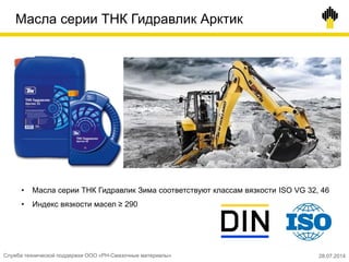 Масла серии ТНК Гидравлик Арктик
• Масла серии ТНК Гидравлик Зима соответствуют классам вязкости ISO VG 32, 46
• Индекс вязкости масел ≥ 290
Служба технической поддержки ООО «РН-Смазочные материалы» 28.07.2014
 
