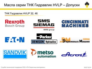 Масла серии ТНК Гидравлик HVLP – Допуски
ТНК Гидравлик HVLP 32, 46
Служба технической поддержки ООО «РН-Смазочные материалы» 28.07.2014
 
