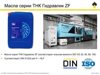 Масла серии ТНК Гидравлик ZF
• Масла серии ТНК Гидравлик ZF соответствуют классам вязкости ISO VG 32, 46, 68, 100;
• Соответствуют DIN 51524 part II – HLP
Служба технической поддержки ООО «РН-Смазочные материалы» 28.07.2014
 