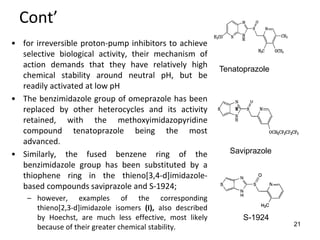 21
Cont’
• for irreversible proton-pump inhibitors to achieve
selective biological activity, their mechanism of
action demands that they have relatively high
chemical stability around neutral pH, but be
readily activated at low pH
• The benzimidazole group of omeprazole has been
replaced by other heterocycles and its activity
retained, with the methoxyimidazopyridine
compound tenatoprazole being the most
advanced.
• Similarly, the fused benzene ring of the
benzimidazole group has been substituted by a
thiophene ring in the thieno[3,4-d]imidazole-
based compounds saviprazole and S-1924;
– however, examples of the corresponding
thieno[2,3-d]imidazole isomers (I), aIso described
by Hoechst, are much less effective, most likely
because of their greater chemical stability.
Tenatoprazole
Saviprazole
S-1924
 