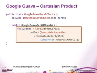 #CollectionsCompare #GIDS17 @NikhilNanivade
Google Guava – Cartesian Product
public class GoogleGuavaDeckOfCards {
private ImmutableSortedSet<Card> cards;
public GoogleGuavaDeckOfCards() {
this.cards = Card.streamCards()
.collect(ImmutableSortedSet
.toImmutableSortedSet(
Comparator.naturalOrder()));
}
 