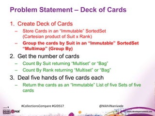 #CollectionsCompare #GIDS17 @NikhilNanivade
Problem Statement – Deck of Cards
1. Create Deck of Cards
– Store Cards in an “Immutable” SortedSet
(Cartesian product of Suit x Rank)
– Group the cards by Suit in an “Immutable” SortedSet
“Multimap” (Group By)
2. Get the number of cards
– Count By Suit returning “Multiset” or “Bag”
– Count By Rank returning “Multiset” or “Bag”
3. Deal five hands of five cards each
– Return the cards as an “Immutable” List of five Sets of five
cards
 