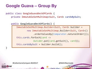 #CollectionsCompare #GIDS17 @NikhilNanivade
Google Guava – Group By
public class GoogleGuavaDeckOfCards {
private ImmutableSetMultimap<Suit, Card> cardsBySuit;
public GoogleGuavaDeckOfCards() {
ImmutableSetMultimap.Builder<Suit, Card> builder =
new ImmutableSetMultimap.Builder<Suit, Card>()
.orderValuesBy(Comparator.naturalOrder());
this.cards.forEach(card ->
builder.put(card.getSuit(), card));
this.cardsBySuit = builder.build();
}
 