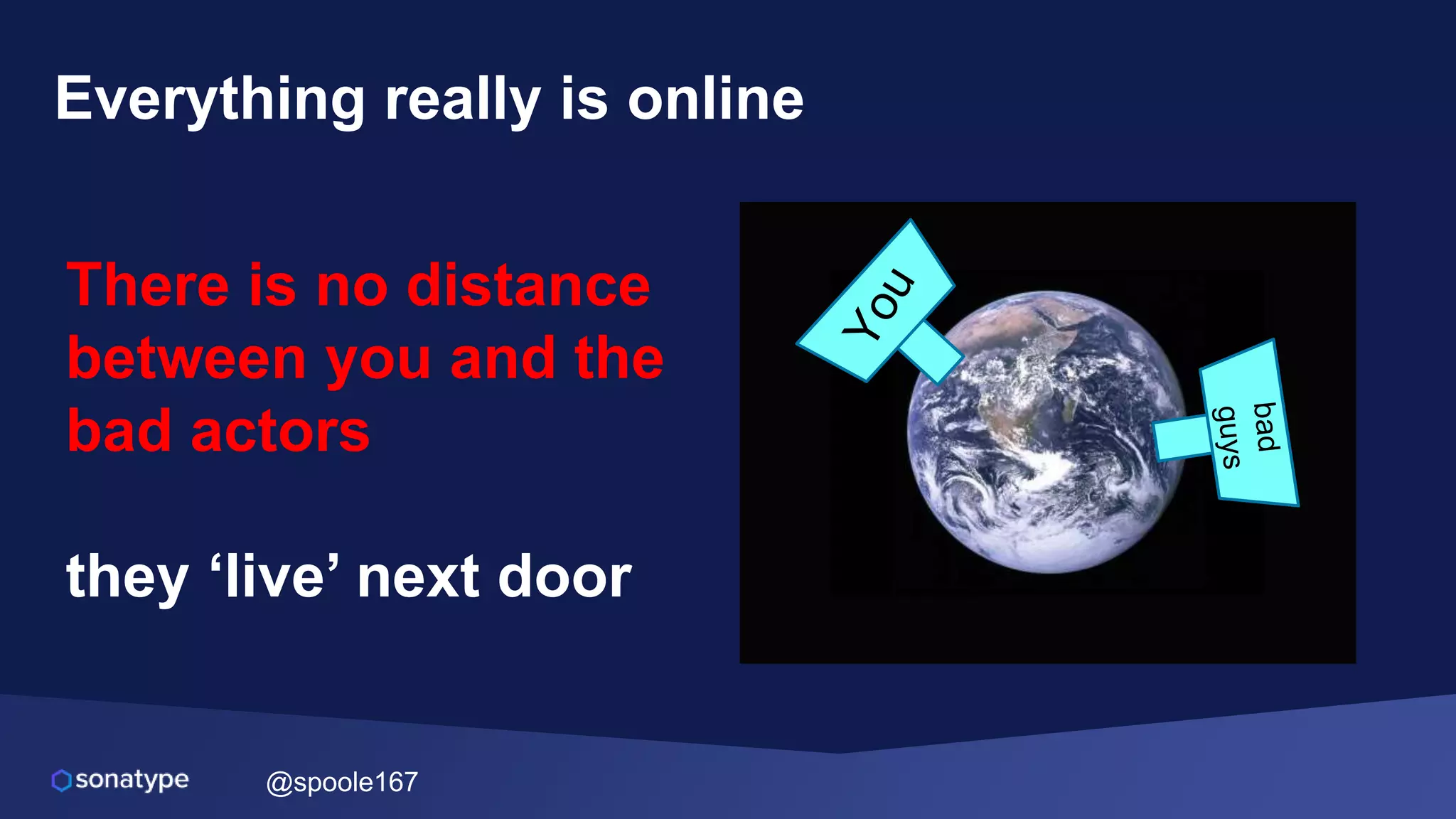 @spoole167
Everything really is online
There is no distance
between you and the
bad actors
they ‘live’ next door
 