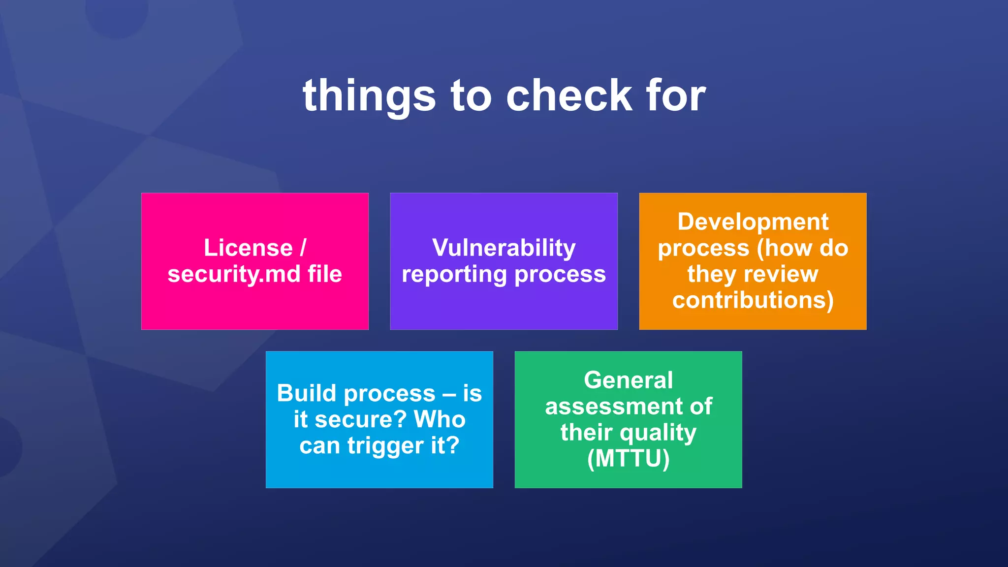 things to check for
License /
security.md file
Vulnerability
reporting process
Development
process (how do
they review
contributions)
Build process – is
it secure? Who
can trigger it?
General
assessment of
their quality
(MTTU)
 
