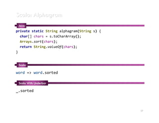 Scala: Alphagram
 Java
private static String alphagram(String s) {
  char[] chars = s.toCharArray();
  Arrays.sort(chars);
  return String.valueOf(chars);
}


 Scala

word => word.sorted

 Scala With Underbar

_.sorted



                                              17
 