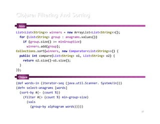Clojure: Filtering And Sorting
 Java
List<List<String>> winners = new ArrayList<List<String>>();
  for (List<String> group : anagrams.values())
    if (group.size() >= minGroupSize)
      winners.add(group);
Collections.sort(winners, new Comparator<List<String>>() {
  public int compare(List<String> o1, List<String> o2) {
    return o2.size()-o1.size();
  }
});

 Clojure
(def words-in (iterator-seq (java.util.Scanner. System/in)))
(defn select-anagrams [words]
  (sort-by #(- (count %))
    (filter #(> (count %) min-group-size)
      (vals
        (group-by alphagram words)))))
                                                               37
 