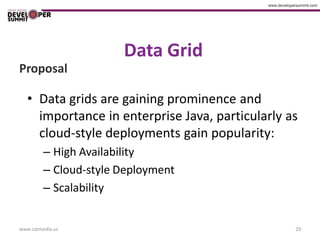 Data Grid
Proposal

   • Data grids are gaining prominence and
     importance in enterprise Java, particularly as
     cloud-style deployments gain popularity:
         – High Availability
         – Cloud-style Deployment
         – Scalability


www.catmedia.us                                   29
 