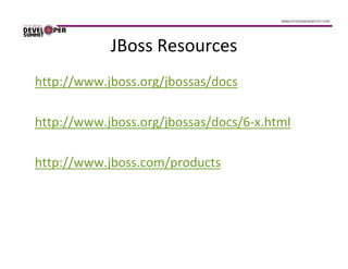 JBoss Resources
http://www.jboss.org/jbossas/docs

http://www.jboss.org/jbossas/docs/6-x.html

http://www.jboss.com/products
 
