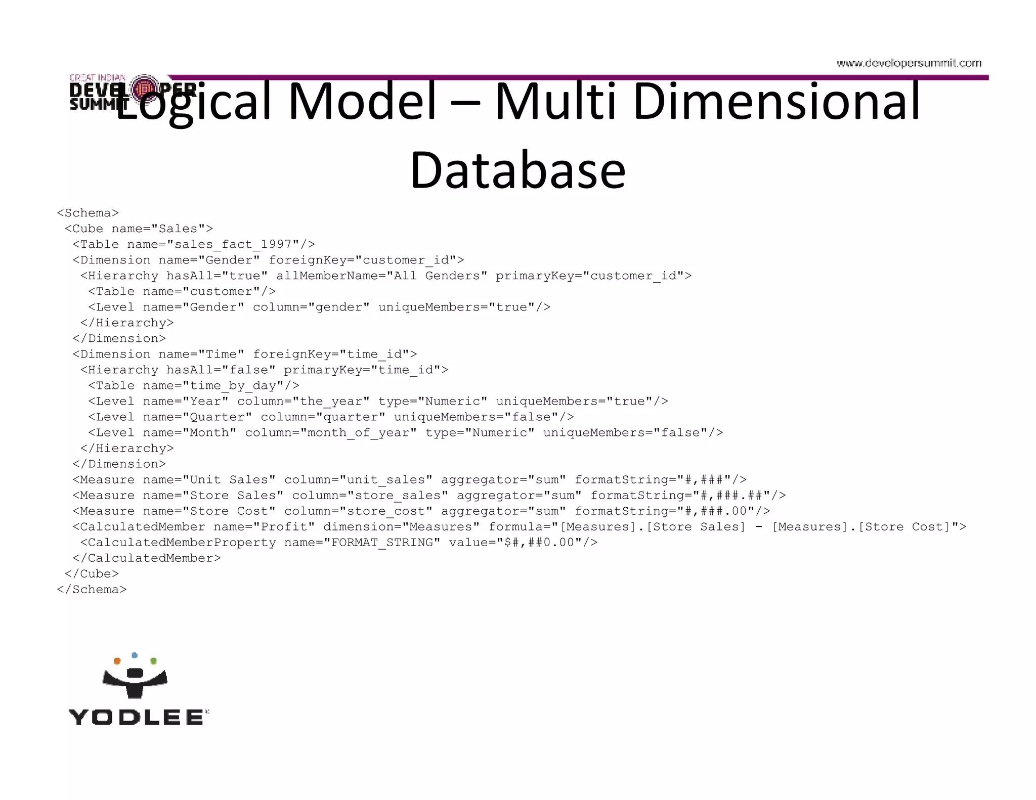 Logical Model – Multi Dimensional
<Schema>
                  Database
 <Cube name="Sales">
  <Table name="sales_fact_1997"/>
  <Dimension name="Gender" foreignKey="customer_id">
   <Hierarchy hasAll="true" allMemberName="All Genders" primaryKey="customer_id">
    <Table name="customer"/>
    <Level name="Gender" column="gender" uniqueMembers="true"/>
   </Hierarchy>
  </Dimension>
  <Dimension name="Time" foreignKey="time_id">
   <Hierarchy hasAll="false" primaryKey="time_id">
    <Table name="time_by_day"/>
    <Level name="Year" column="the_year" type="Numeric" uniqueMembers="true"/>
    <Level name="Quarter" column="quarter" uniqueMembers="false"/>
    <Level name="Month" column="month_of_year" type="Numeric" uniqueMembers="false"/>
   </Hierarchy>
  </Dimension>
  <Measure name="Unit Sales" column="unit_sales" aggregator="sum" formatString="#,###"/>
  <Measure name="Store Sales" column="store_sales" aggregator="sum" formatString="#,###.##"/>
  <Measure name="Store Cost" column="store_cost" aggregator="sum" formatString="#,###.00"/>
  <CalculatedMember name="Profit" dimension="Measures" formula="[Measures].[Store Sales] - [Measures].[Store Cost]">
   <CalculatedMemberProperty name="FORMAT_STRING" value="$#,##0.00"/>
  </CalculatedMember>
 </Cube>
</Schema>
 