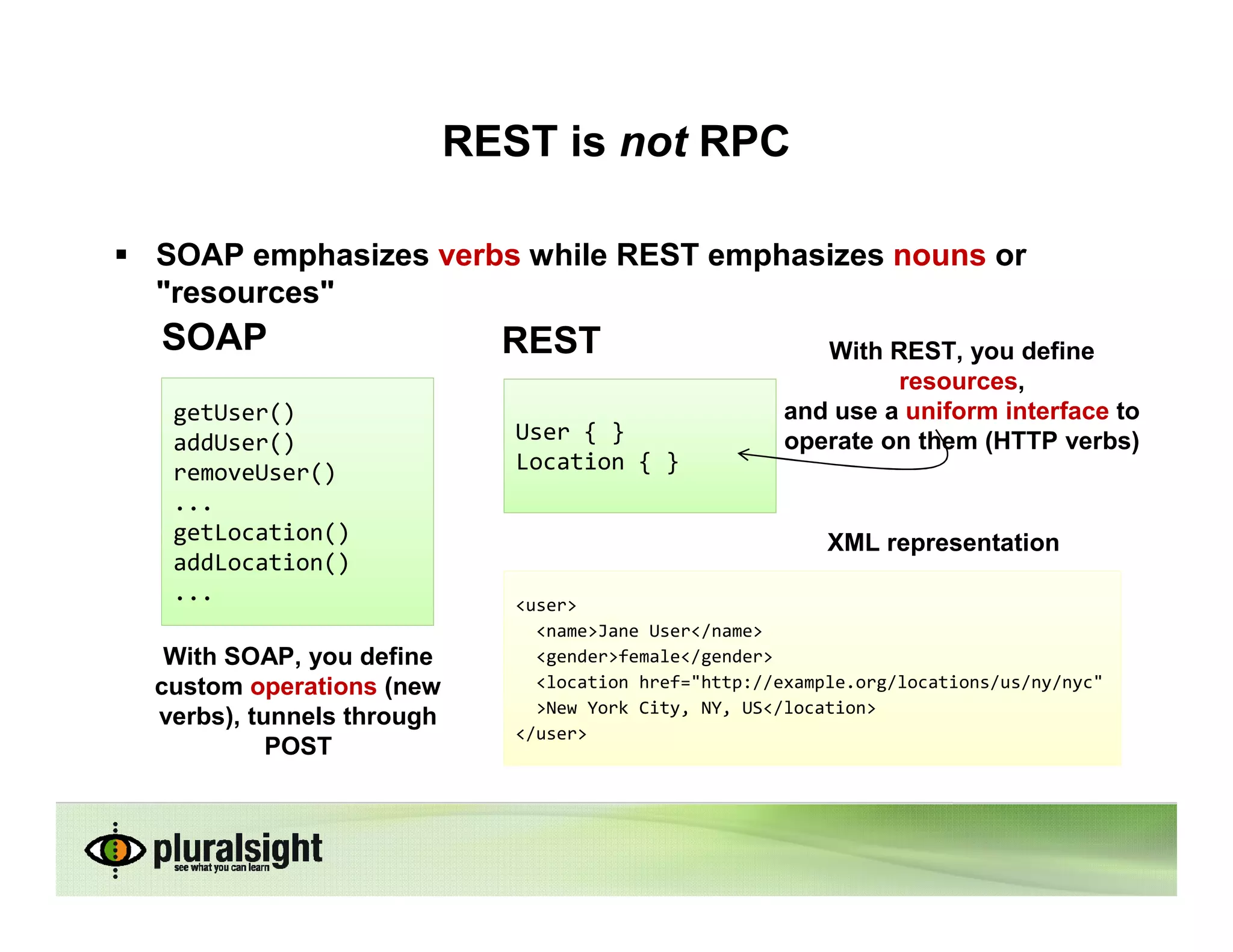 REST is not RPC

SOAP emphasizes verbs while REST emphasizes nouns or
"resources"
SOAP                        REST                          With REST, you define
                                                                resources,
 getUser()                                             and use a uniform interface to
 addUser()                   User { }                  operate on them (HTTP verbs)
 removeUser()                Location { }
 ...
 getLocation()                                             XML representation
 addLocation()
 ...                         <user>
                               <name>Jane User</name>
 With SOAP, you define         <gender>female</gender>
custom operations (new         <location href="http://example.org/locations/us/ny/nyc"
                               >New York City, NY, US</location>
verbs), tunnels through
                             </user>
          POST
 