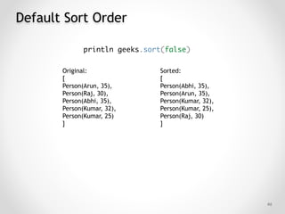 Default Sort Order
!46
println geeks.sort(false)
Original:
[
Person(Arun, 35),
Person(Raj, 30),
Person(Abhi, 35),
Person(Kumar, 32),
Person(Kumar, 25)
]
Sorted:
[
Person(Abhi, 35),
Person(Arun, 35),
Person(Kumar, 32),
Person(Kumar, 25),
Person(Raj, 30)
]
 