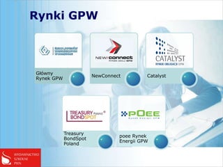 Rynki GPW



Główny
                       NewConnect         Catalyst
Rynek GPW




            Treasury
                                poee Rynek
            BondSpot
                                Energii GPW
            Poland
 