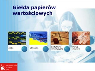 Giełda papierów
    wartościowych




                     Certyfikaty    Prawa
Akcje    Obligacje
                     inwestycyjne   do akcji
 